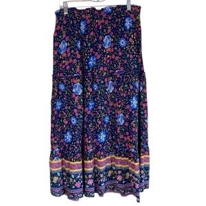 ZESICA Boho Dark Floral Tiered Peasant Maxi Skirt Cornflower Print Navy Pink M